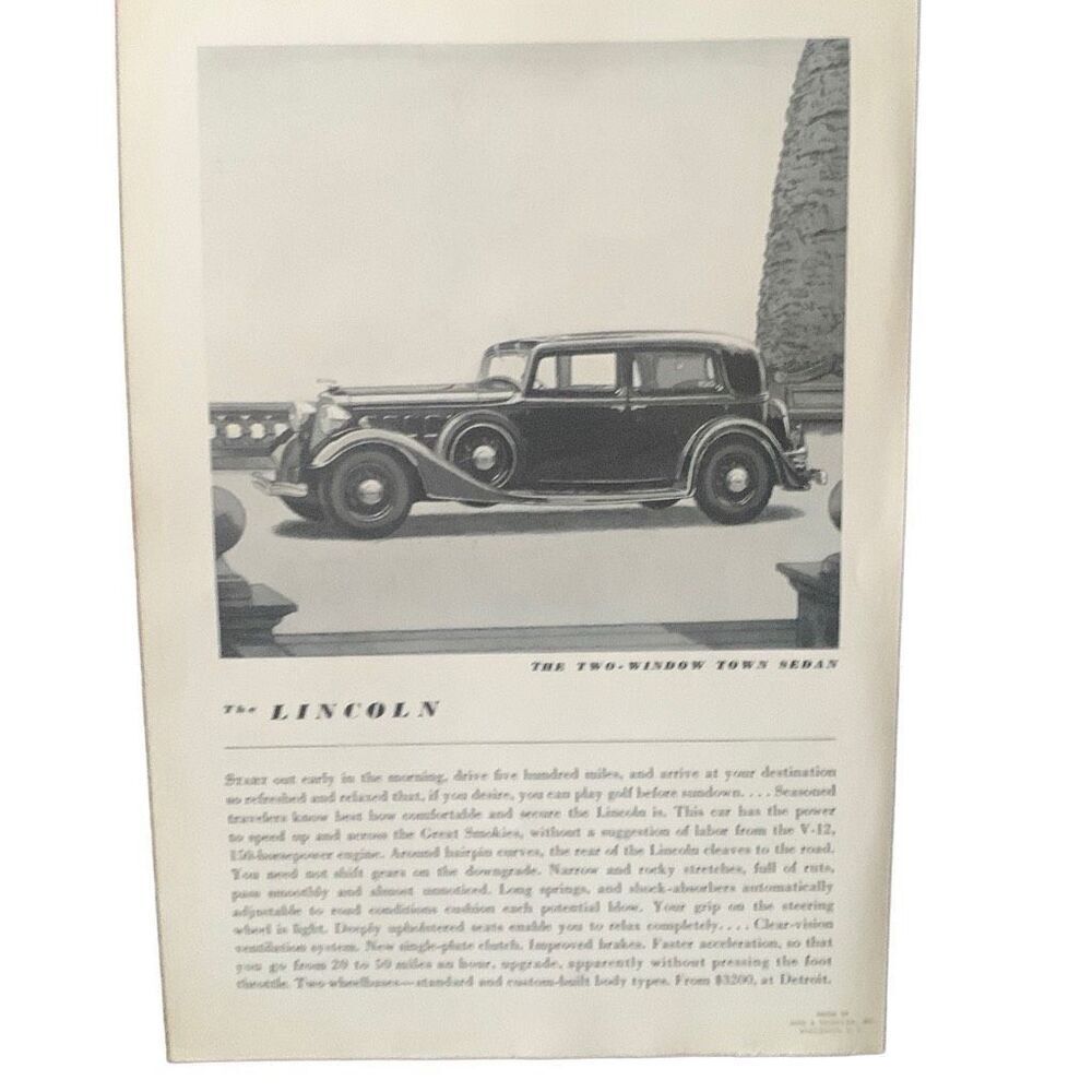 Vintage 1934 Lincoln Two Window Town Sedan Ad Advertisement